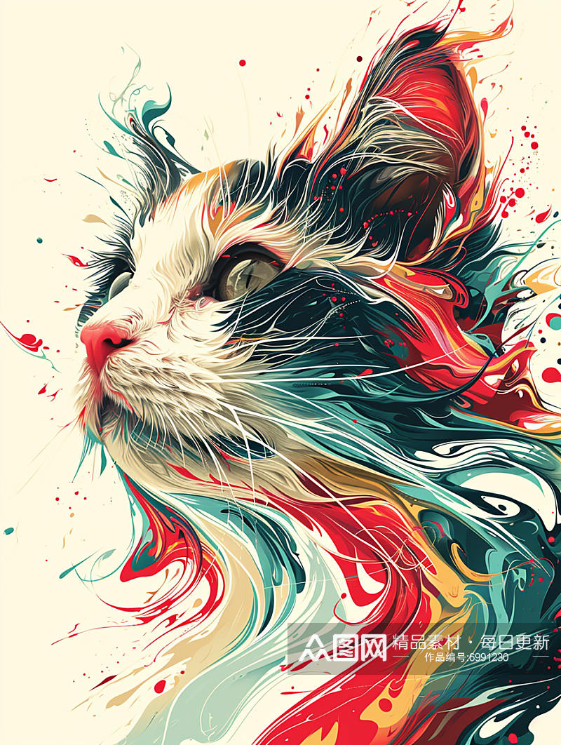 彩色猫咪水彩水粉水墨数字艺术素材