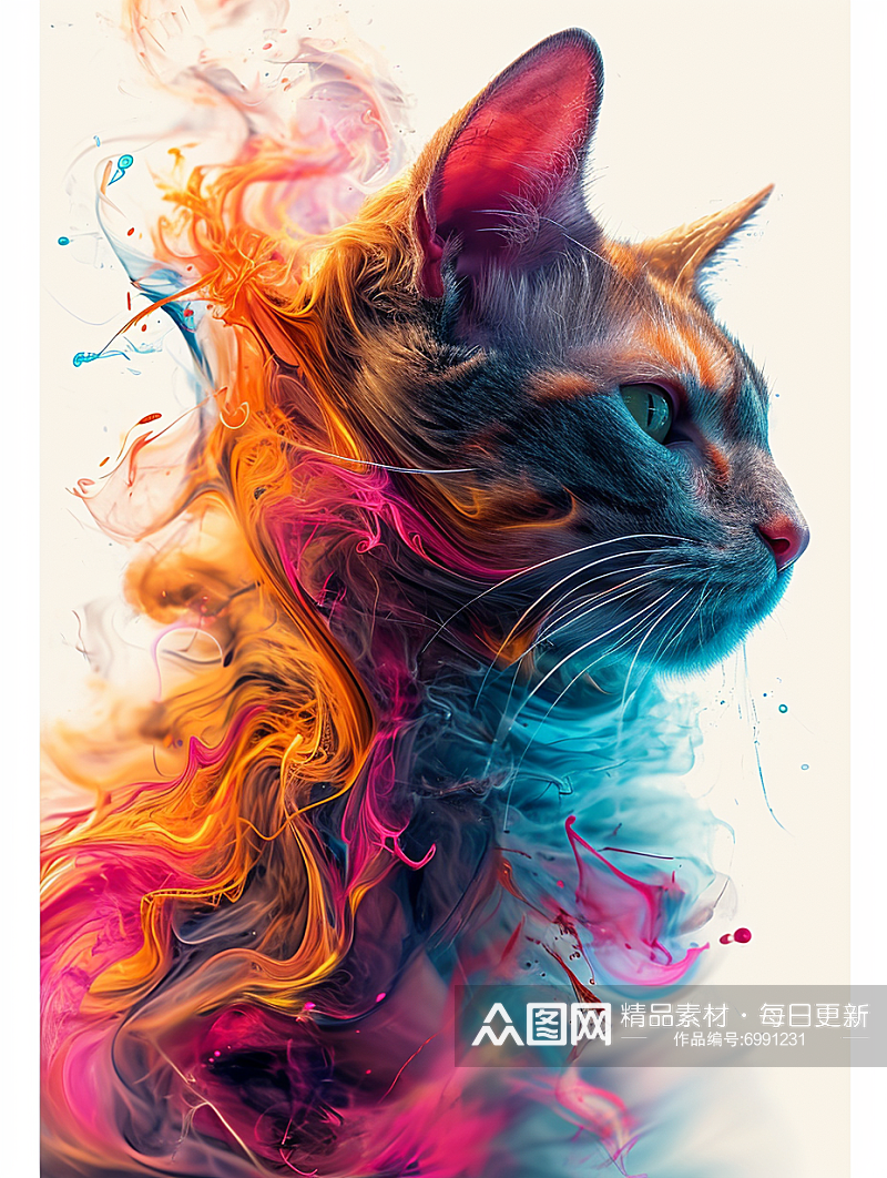 彩色猫咪水彩水粉水墨数字艺术素材