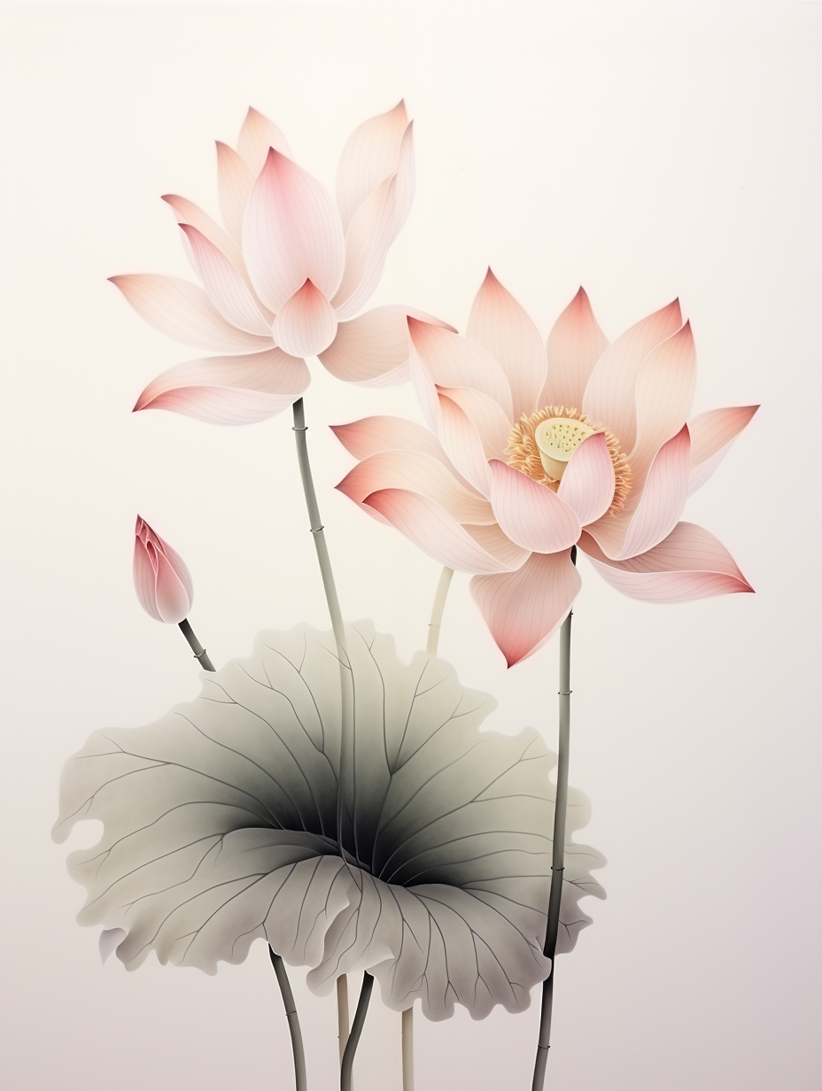 彩色水墨水彩中国工笔画荷花绘画素材