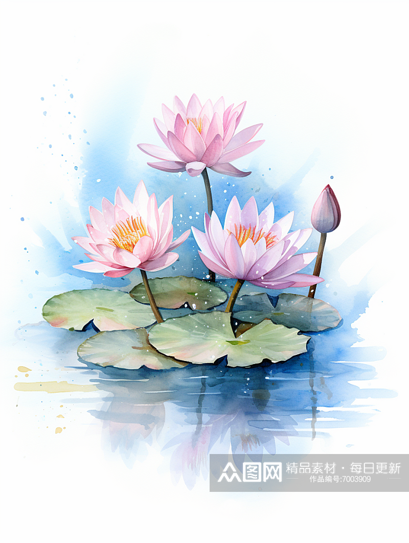 彩色水墨水彩中国工笔画荷花绘画素材