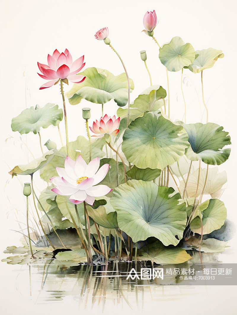 彩色水墨水彩中国工笔画荷花绘画素材