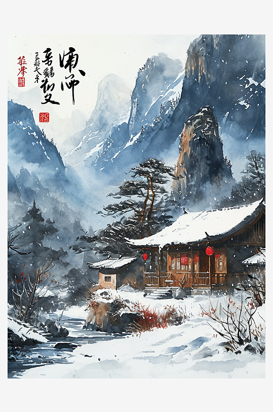 大气手绘水彩中国风雪景插画