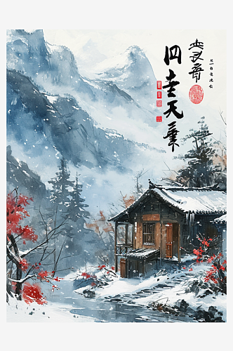 大气手绘水彩中国风雪景插画