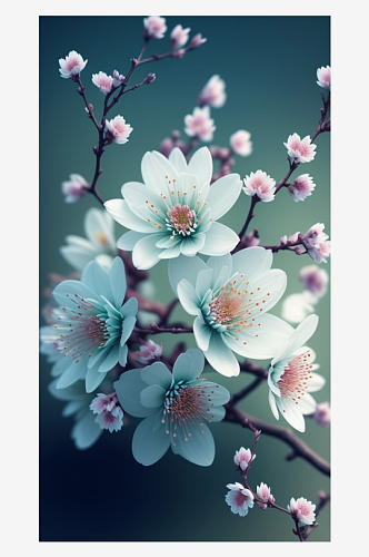 唯美浪漫白色樱花树枝近景数字艺术