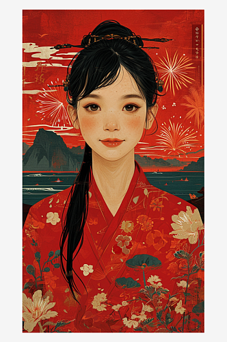 手绘水彩龙年新年国风人物插画