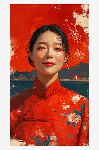 手绘水彩龙年新年国风人物插画