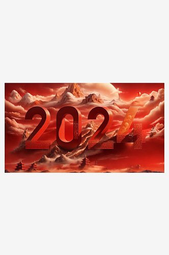 红色大气喜庆龙年新年2024山河艺术字