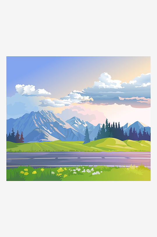 卡通扁平公路远山自然风景矢量插画