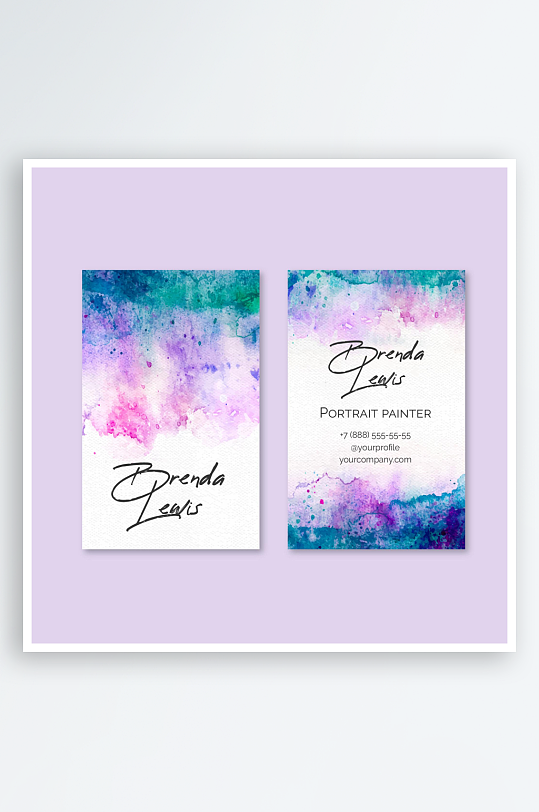 手绘唯美水彩抽象图案名片设计-众图网