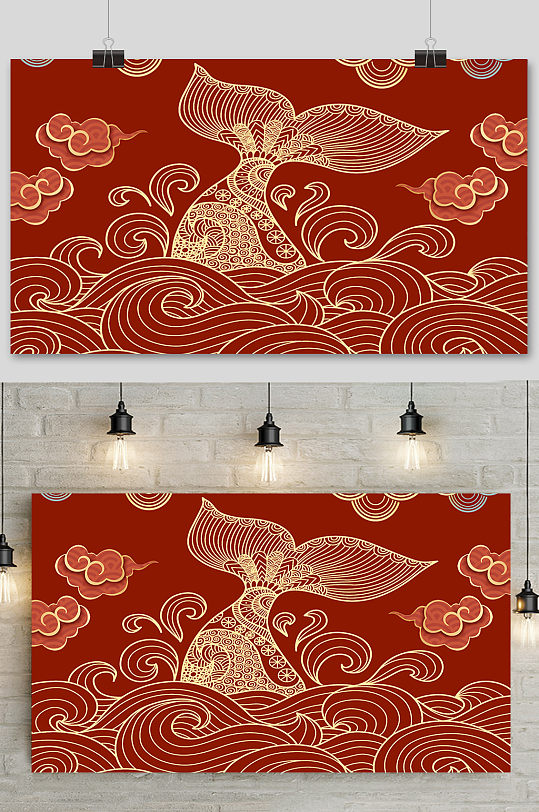 中国风古风国潮金鱼水纹底纹背景