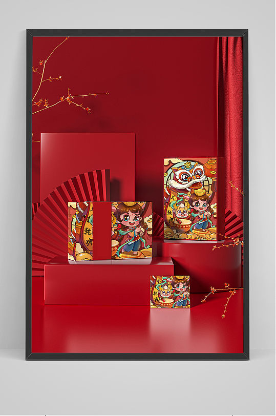 国潮风中式文创红色礼物盒智能样机