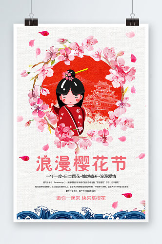 卡通清新创意樱花节旅游海报