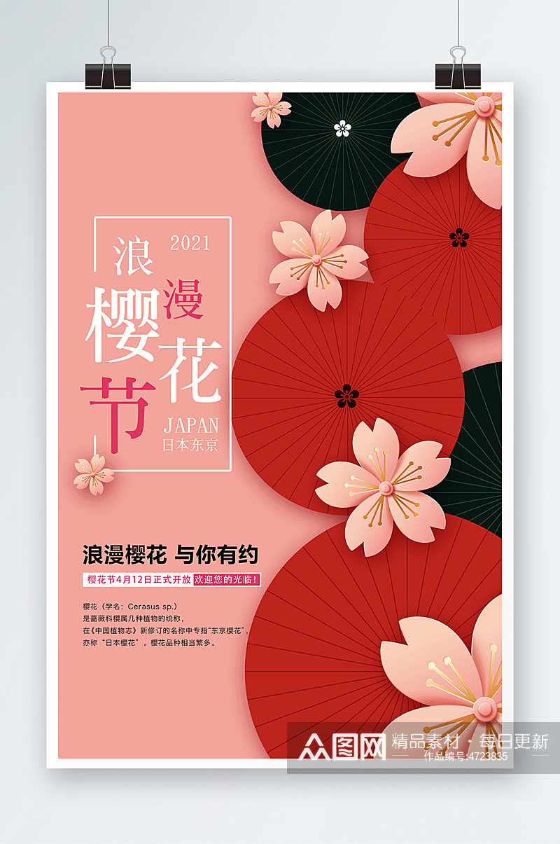 红色简洁春季旅游清新樱花节海报素材