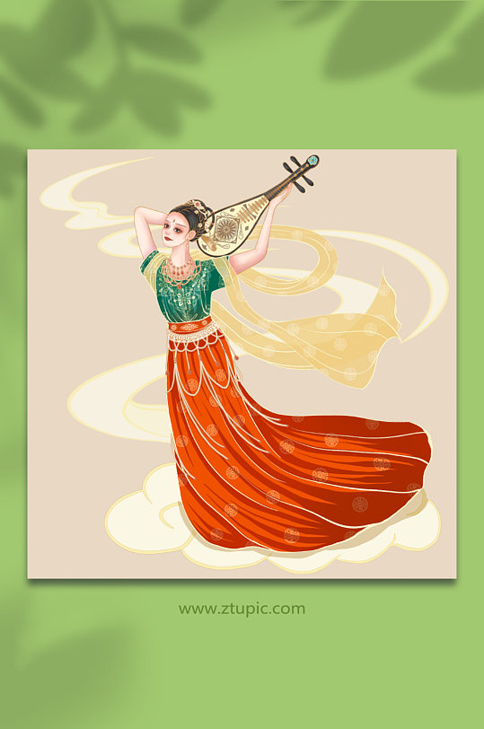 举琵琶跳舞敦煌文化人物插画