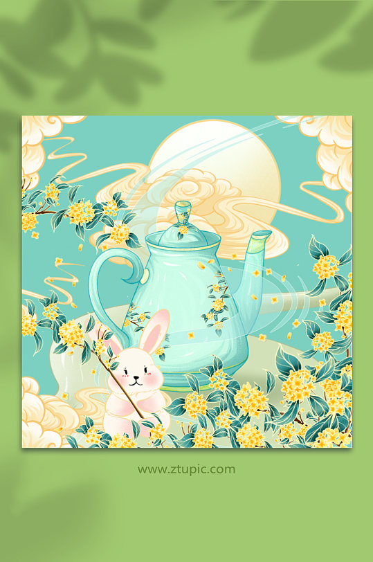 国潮风秋季桂花兔子插画