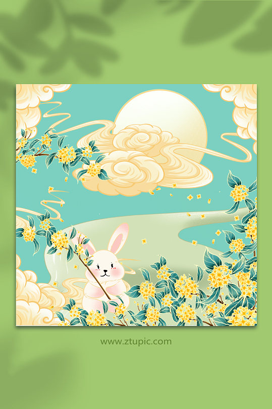 国潮风秋季兔子桂花插画免扣背景-众图网