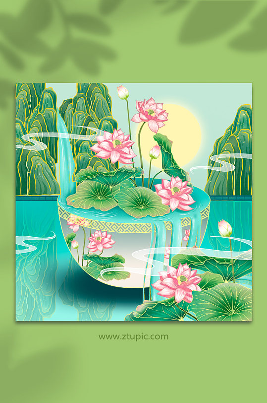 国潮风夏季荷花插画