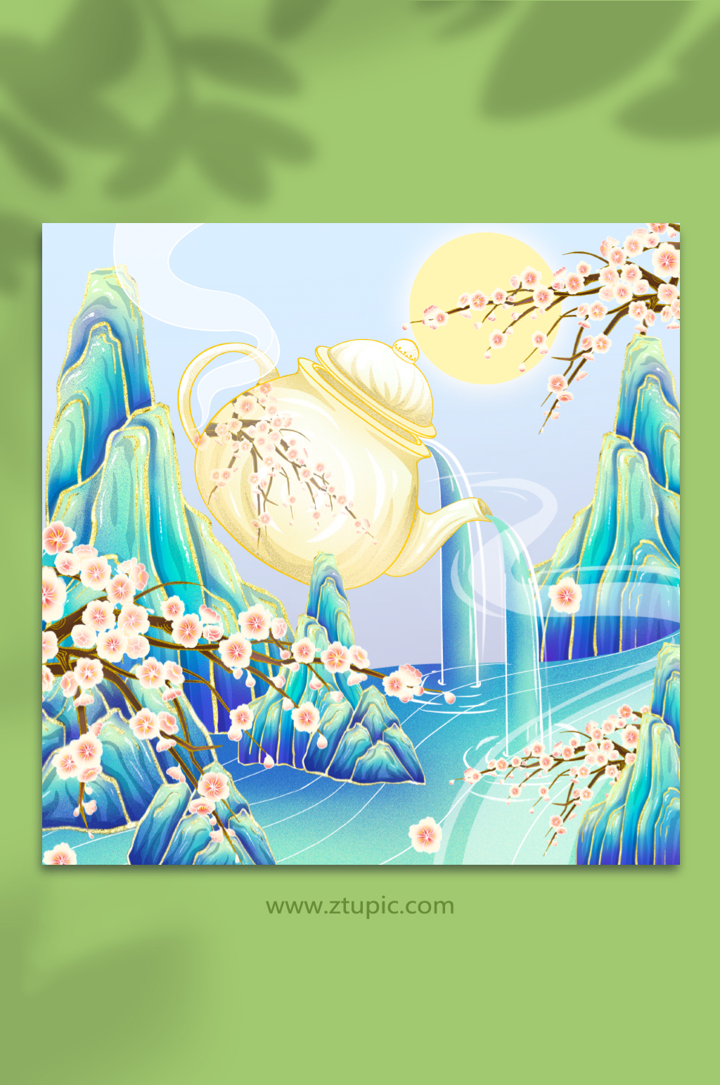 国潮风冬季梅花瓷壶插画素材