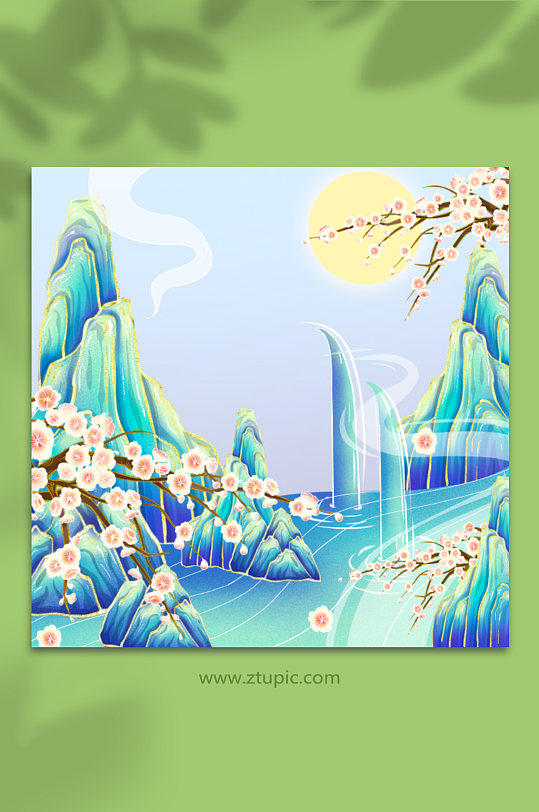 国潮风冬季山水梅花插画免扣背景