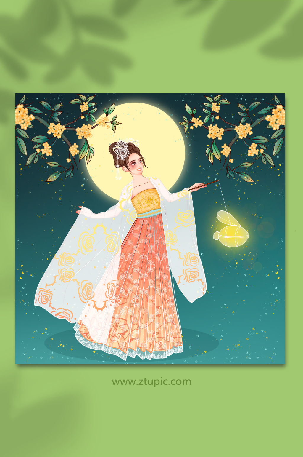 中秋节嫦娥人物赏桂花插画素材
