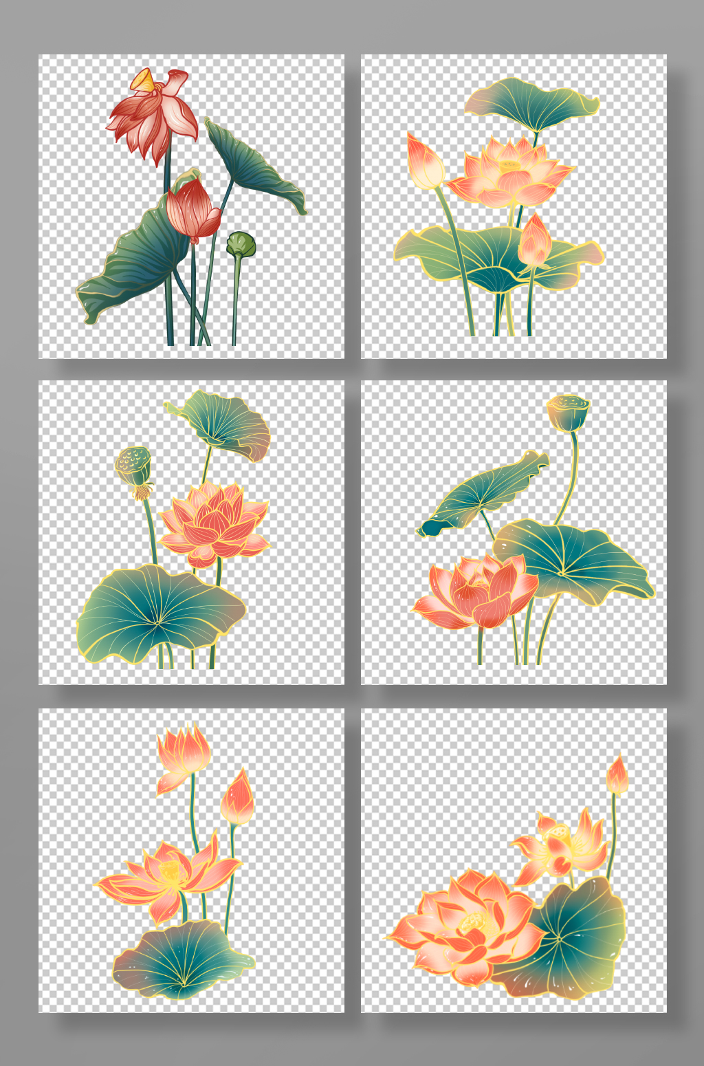 国潮风荷花花卉元素插画素材