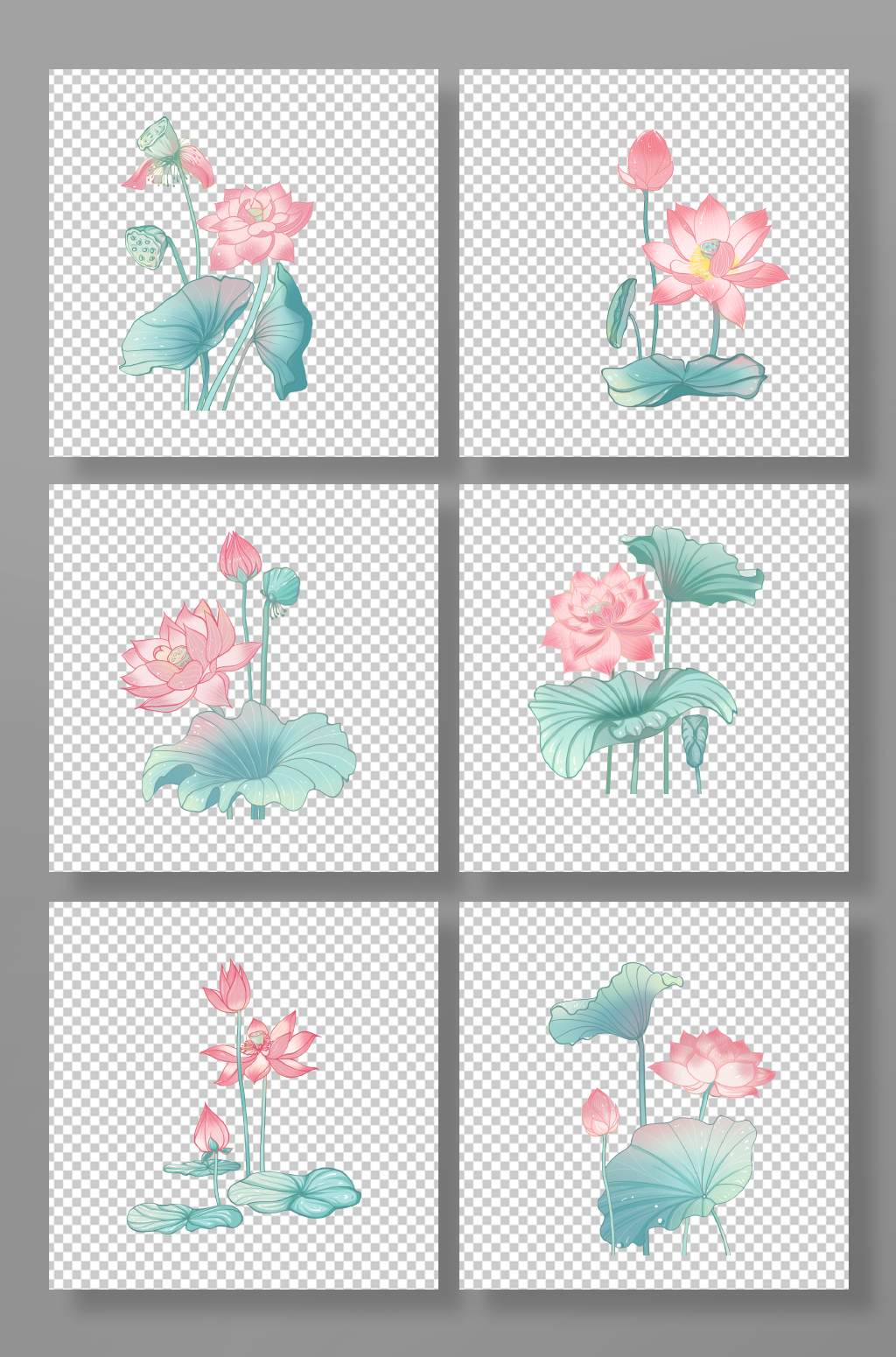 国潮风粉色荷花花卉元素插画素材