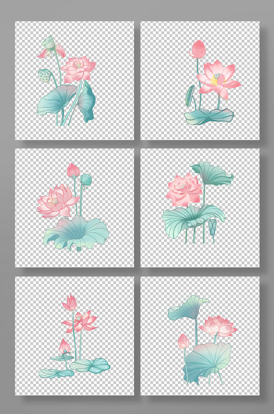 国潮风粉色荷花花卉元素插画