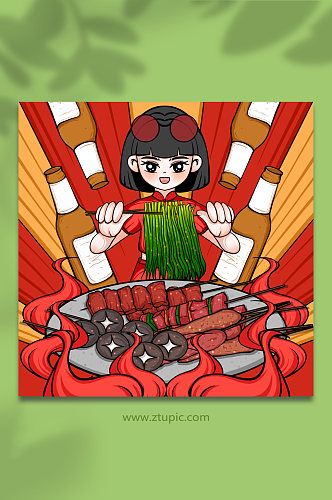 国潮风韭菜烧烤美食人物插画