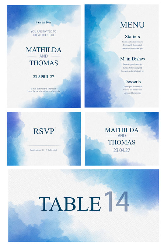 蓝色水墨邀请卡信纸矢量素材-众图网