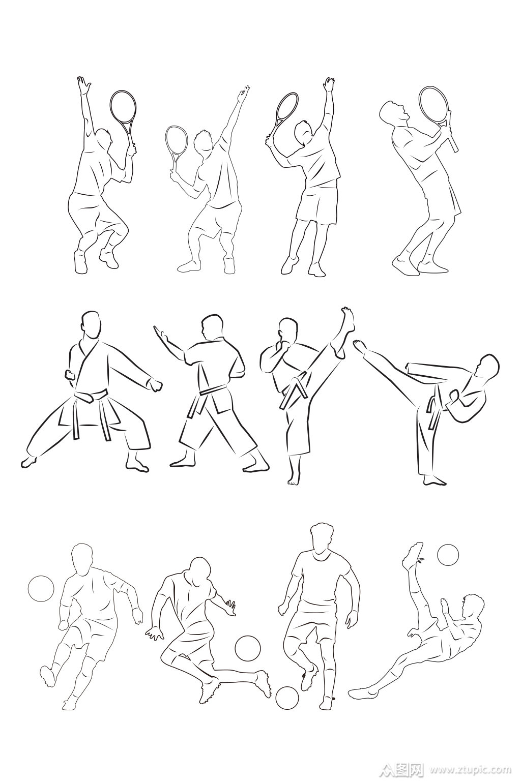 羽毛球跆拳道足球运动线图素材