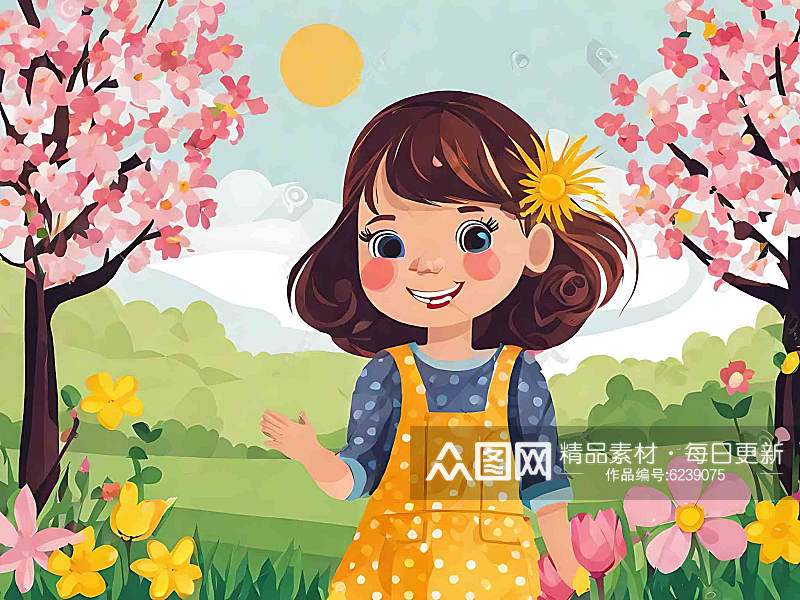 户外开心的小女孩插画AI数字艺术素材