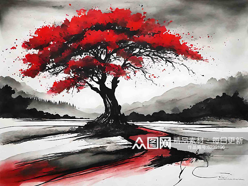红色树木山水水墨画AI数字艺术素材