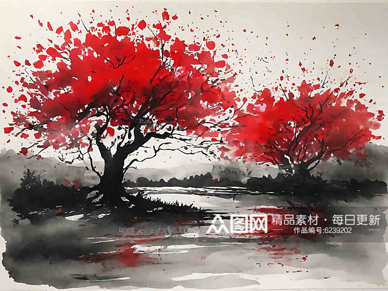 红色树木山水水墨画AI数字艺术素材