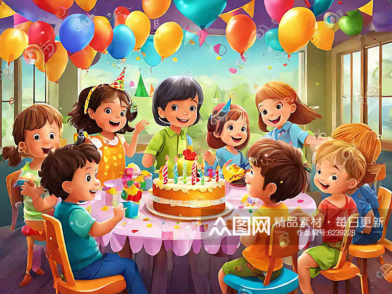儿童生日聚会热闹场景AI数字艺术素材