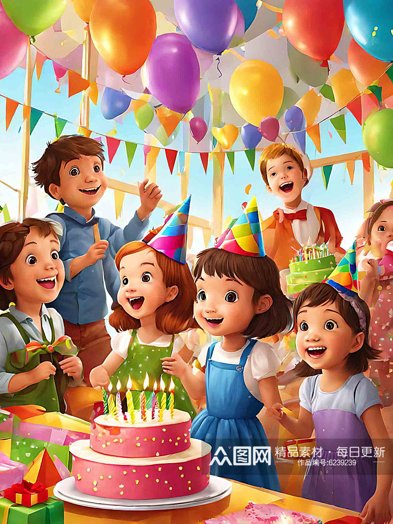儿童生日聚会热闹场景AI数字艺术素材