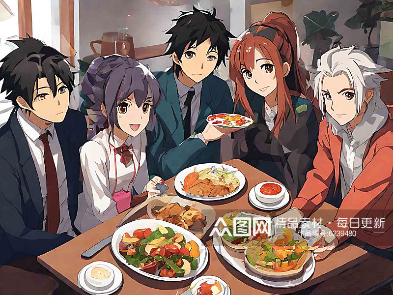 动漫风朋友聚会吃饭AI数字艺术素材