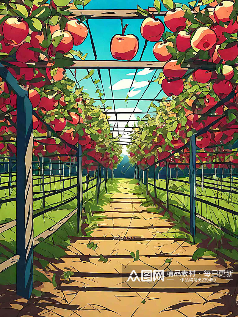 动漫风带围栏的果园AI数字艺术素材