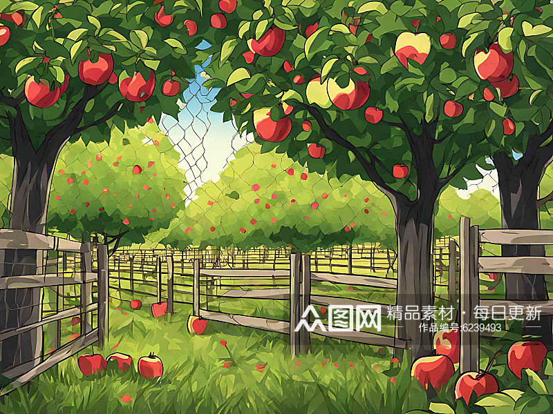 动漫风带围栏的果园AI数字艺术素材