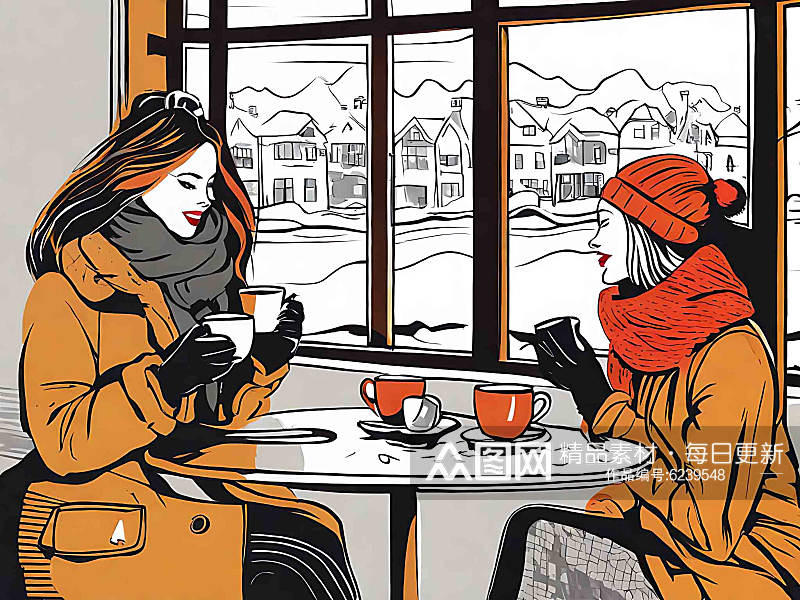 冬日女人在窗户边喝咖啡插画AI数字艺术素材