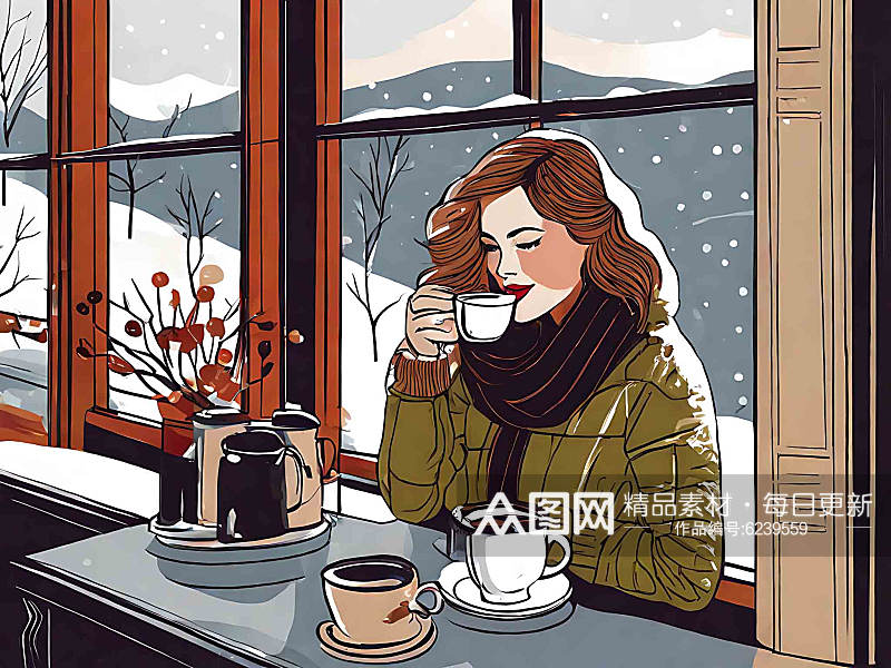 冬日女人在窗户边喝咖啡插画AI数字艺术素材