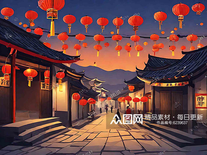 春节乡村古镇黄昏街景插画AI数字艺术素材