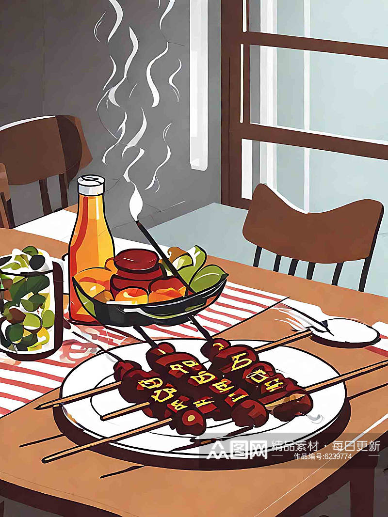 餐桌上的一盘烧烤肉串插画AI数字艺术素材