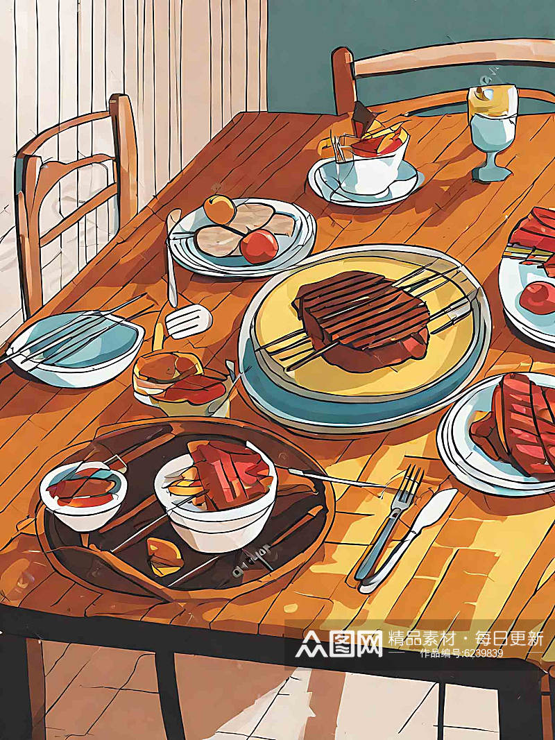 餐桌上的一盘烧烤肉串插画AI数字艺术素材