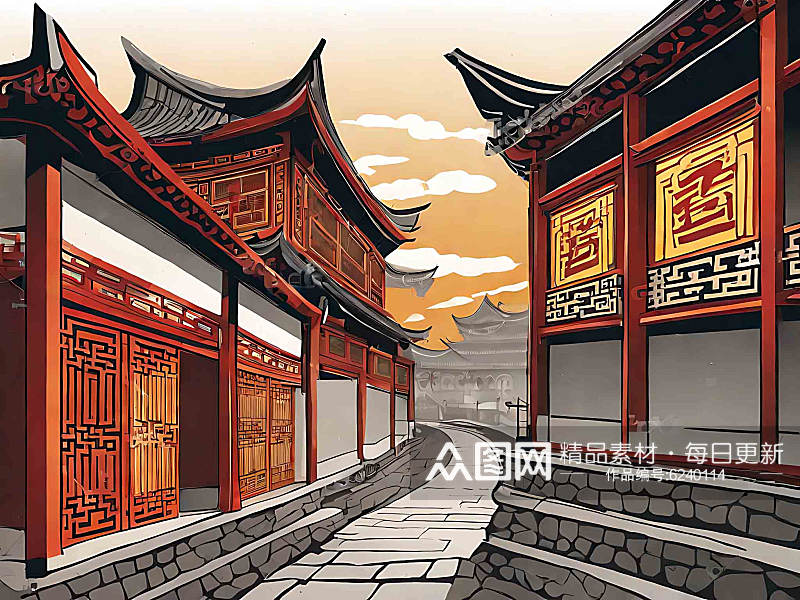中国古代古建筑街道插画AI数字艺术素材