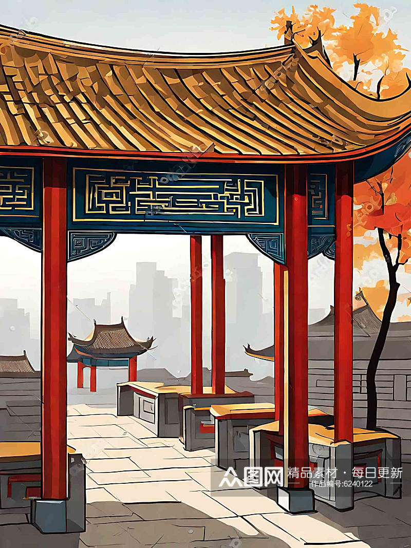 中国古代古建筑街道插画AI数字艺术素材