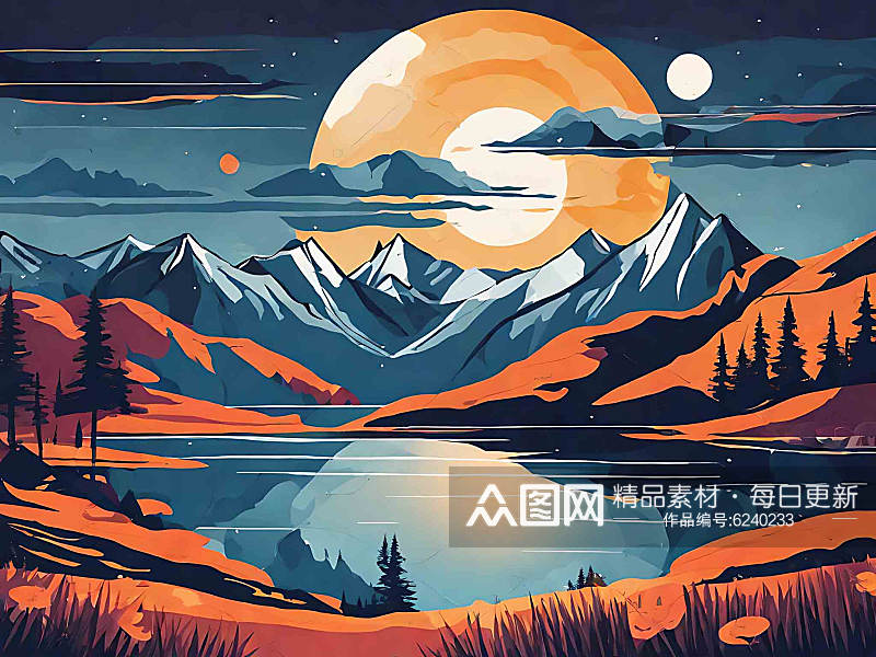 远山湖泊明月风景插画AI数字艺术素材