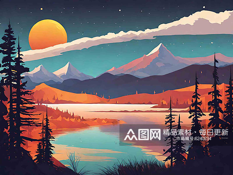 远山湖泊明月风景插画AI数字艺术素材