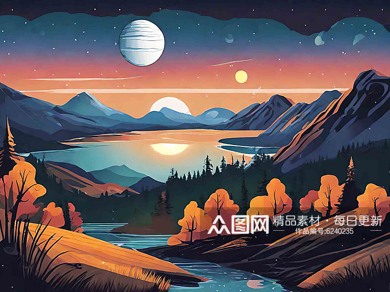 远山湖泊明月风景插画AI数字艺术素材