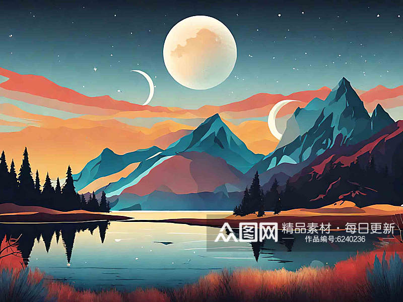 远山湖泊明月风景插画AI数字艺术素材