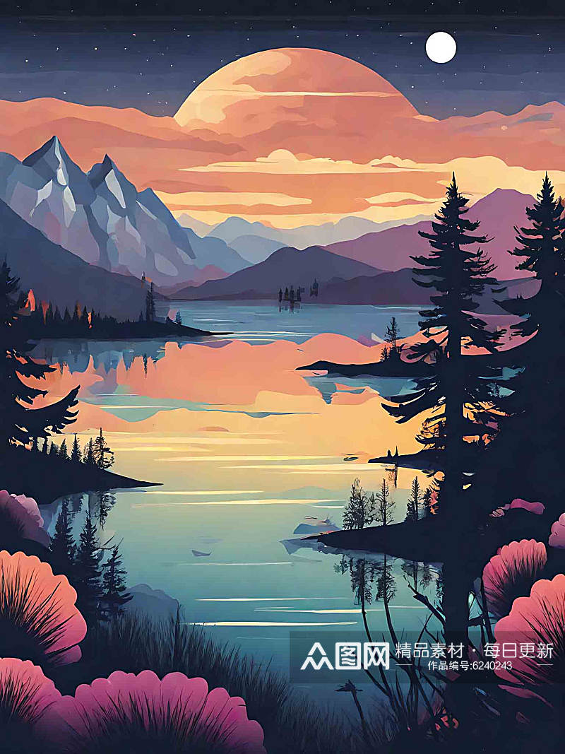 远山湖泊明月风景插画AI数字艺术素材